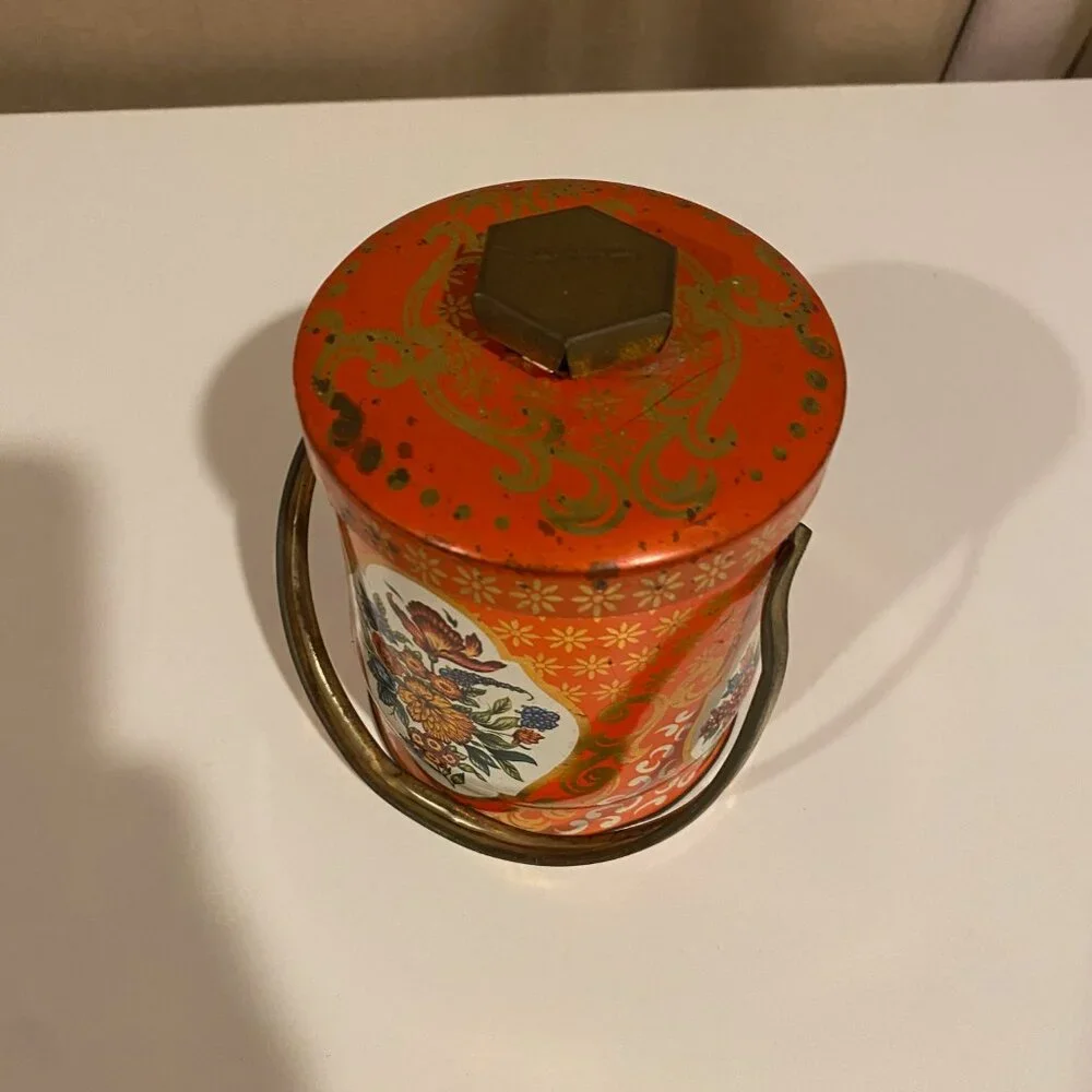 Vintage English Orange Floral‎ Toffee Tin Canister 4.5x3.5 Cottagecore
